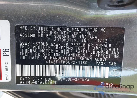 2012 Toyota Camry Se/Le/Xle z USA, uszkodzony, nr VIN 4T4BF1FK5CR271480
